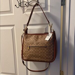 Coach Tan and Brown Shoulder Bag with Gold Accents